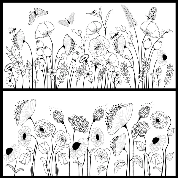 白色和黑色的花卉横幅设置 — 图库矢量图片