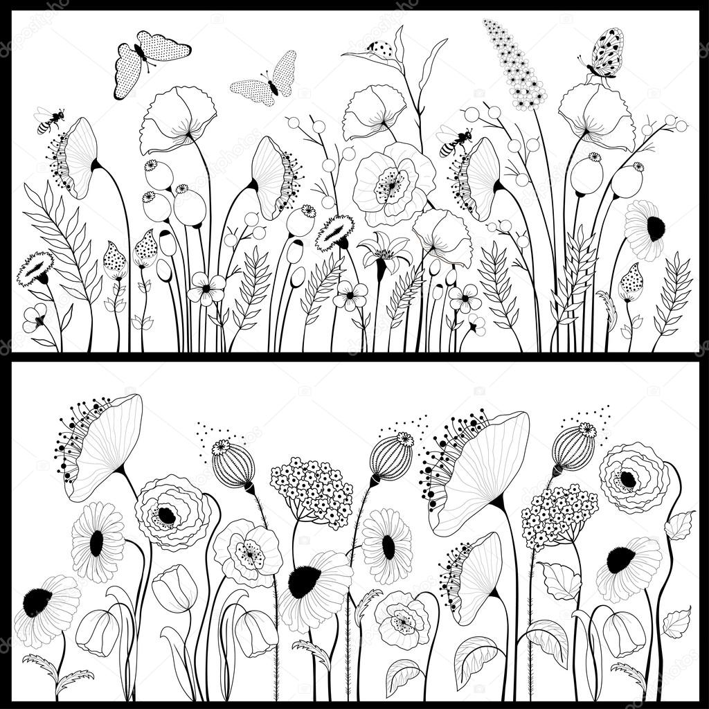 Set of floral banners in white and black
