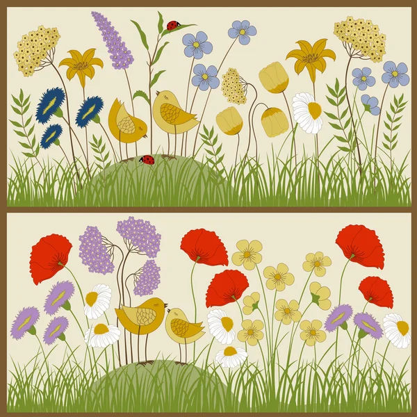 Banner mit Blumen und Vögeln — Stockvektor