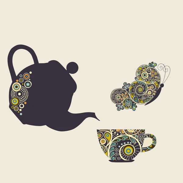 Stilisierter Wasserkocher, Tasse und Schmetterling mit Designelementen — Stockvektor