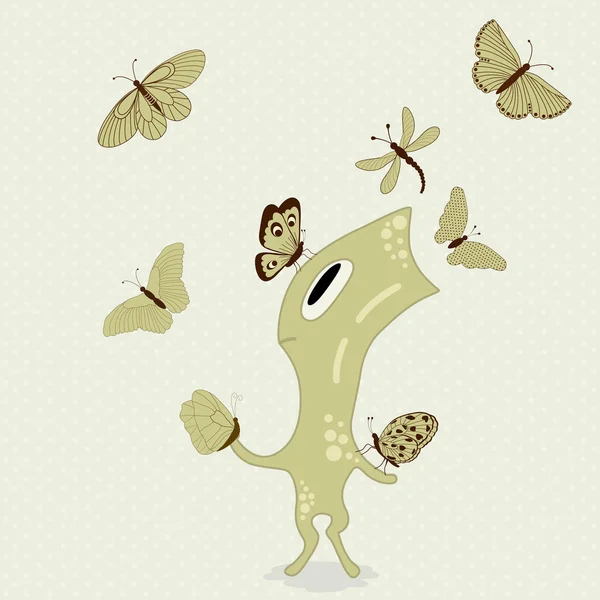 Carino mostro dei cartoni animati con farfalle — Vettoriale Stock