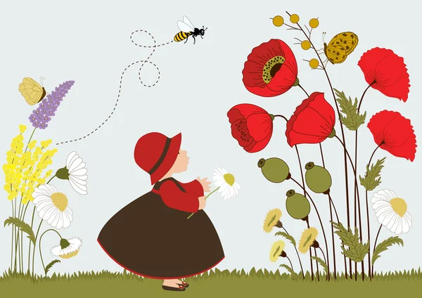 Χαριτωμένο κορίτσι στον κήπο με τα λουλούδια και τα έντομα — Διανυσματικό Αρχείο