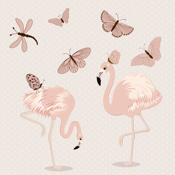 Schattige roze flamingo's en vlinders — Stockvector