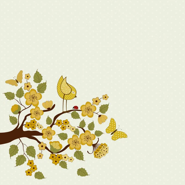 Lindo pájaro en rama con flores y hojas — Vector de stock