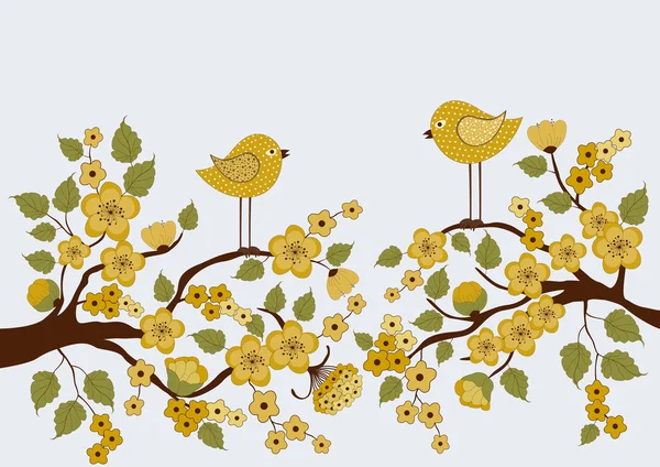 Aves bonitas em galhos com flores e folhas — Vetor de Stock