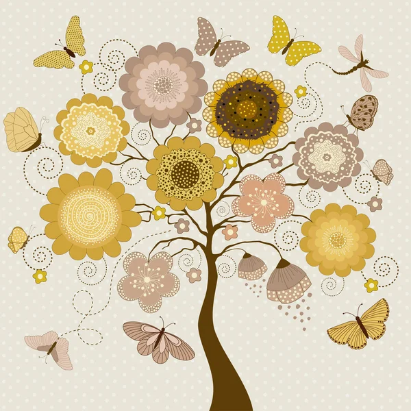 Κάρτα με στυλιζαρισμένη δέντρο και πεταλούδες — Διανυσματικό Αρχείο