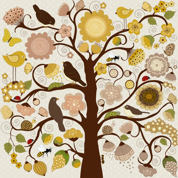 程式化的树，花和昆虫和鸟类 — 图库矢量图片