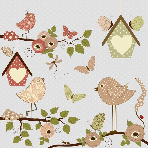 Fundo floral com pássaros e borboletas — Vetor de Stock