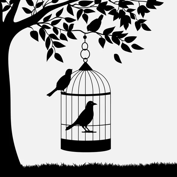 Cage à oiseaux avec oiseaux suspendus à la branche — Image vectorielle