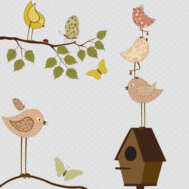 Cute stylized birds and birdhouse