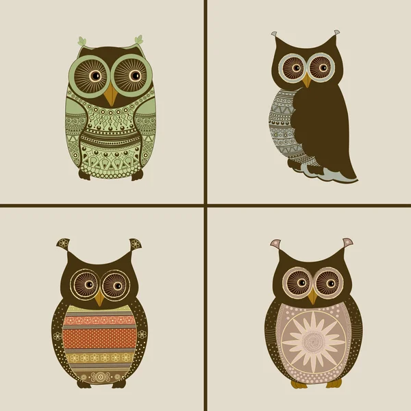 Four stylized owls ornaments — Stok Vektör