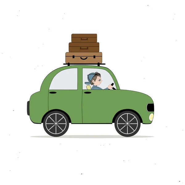 Green car loaded with luggage — 스톡 벡터