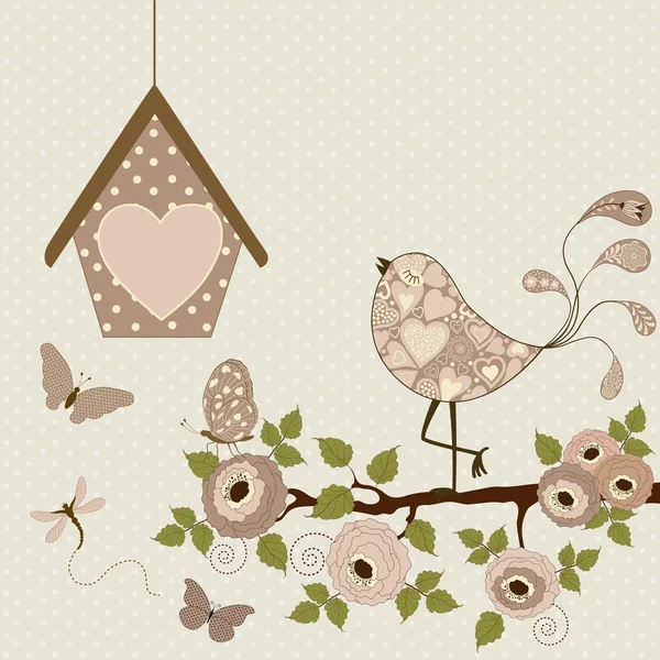 Fondo floreale con uccello stilizzato e farfalle — Vettoriale Stock