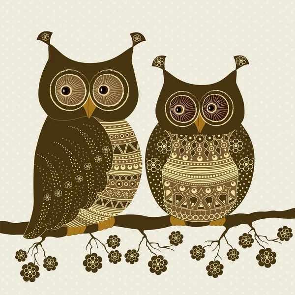 Pair of cute stylized ornamental owls — Stock Vector