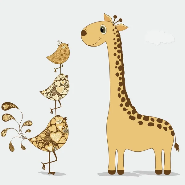Carino cartone animato giraffa e uccelli — Vettoriale Stock