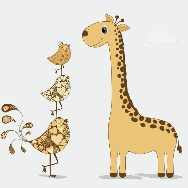 Girafa de desenhos animados bonito e pássaros Gráficos De Vetores