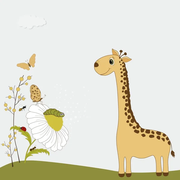 Cute giraffe with chamomile and insects — Stock Vector