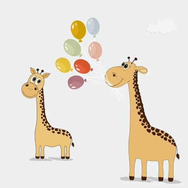 Lindas jirafas de dibujos animados con globos de colores — Vector de stock