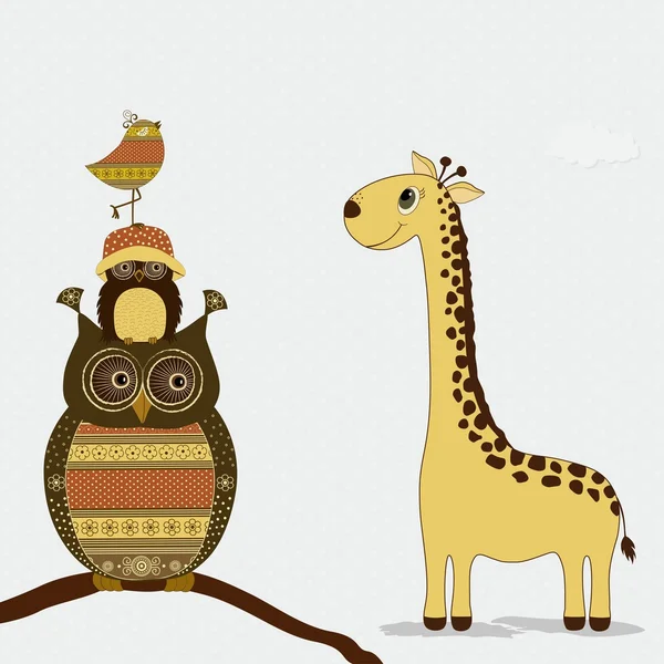 Cute giraffe with owls and bird — Stock Vector