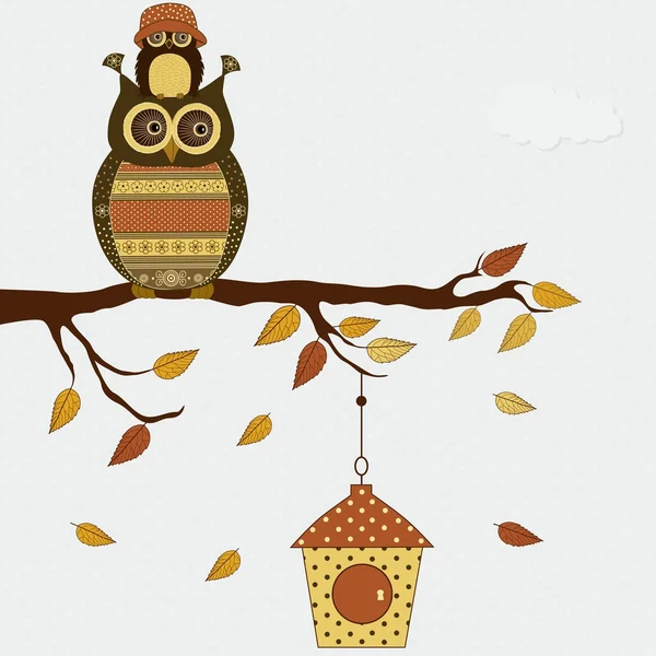 Cute gestileerde uilen op tak met birdhouse — Stockvector