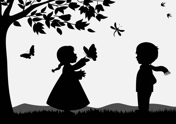 Schattige kinderen silhouetten — Stockvector