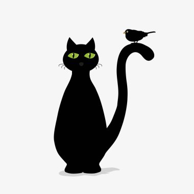 Cute black cat and bird clipart