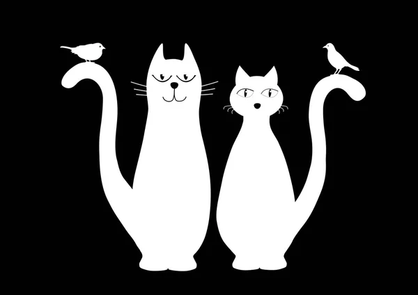 Deux chats et oiseaux blancs mignons — Image vectorielle