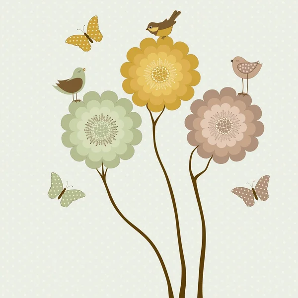 Fleurs avec oiseaux et papillons — Image vectorielle