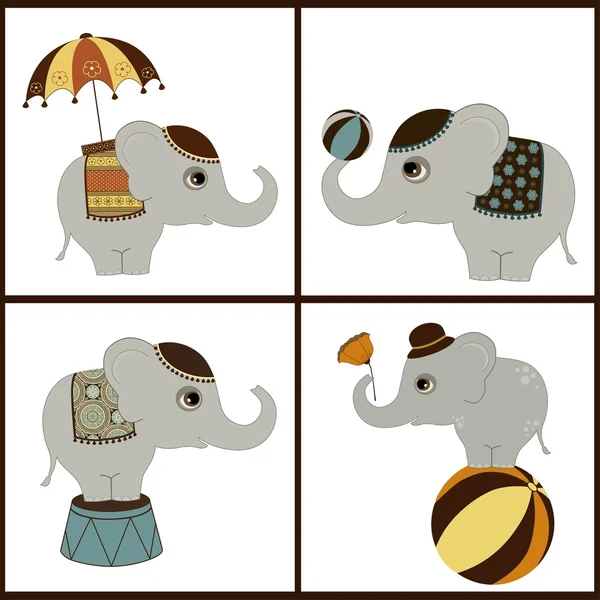 Quatro quadrados com elefantes bonitos — Vetor de Stock