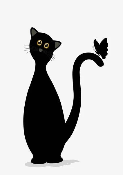 Mignon chat noir et papillon — Image vectorielle
