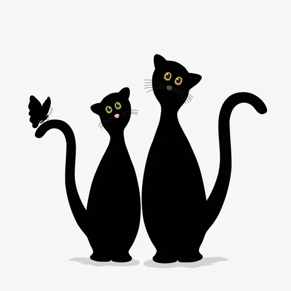 Deux chats noirs mignons et papillon — Image vectorielle