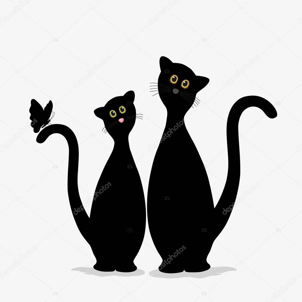 Deux mignons chats noirs et papillon \u2014 Image vectorielle