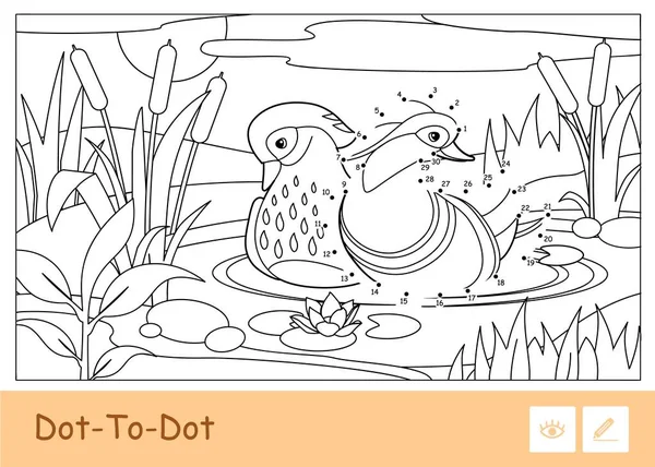 Illustration de contour vectoriel incolore point à point avec un canard mandarin flottant sur une rivière forestière près des roseaux et des nénuphars. Oiseaux enfants d'âge préscolaire coloriage illustrations de livres — Image vectorielle