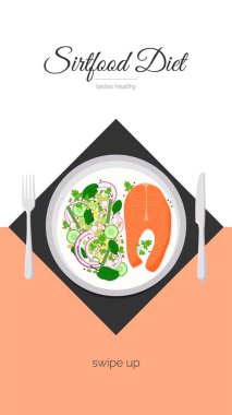 Sirtfood diyeti sağlıklı dikey hikayelerin tadını verir. Tabakta yemek, somon bifteği ve ıspanaklı salata, salatalık dilimleri, soğan. Sağlıklı Adele sirtuin protein kilo verme diyeti. Sıska geni aç