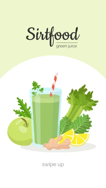 Sirtfood jus vert histoires verticales bannière. Adele sirtfood perte de poids régime smoothie et ingrédients chou frisé, roquette, persil, céleri, pomme verte, gingembre et citron. Théorie des gènes maigres — Image vectorielle