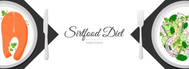 Sirtfood diyeti sağlıklı blog başlığı pankartı tadındadır. Tabakta yemek, somon bifteği ve ıspanaklı salata, salatalık dilimleri, soğan. Sağlıklı Adele sirtuin protein kilo verme diyeti. Sıska geni aç