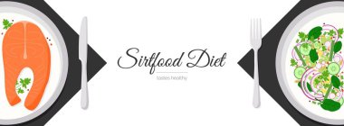 Sirtfood diet tastes healthy blog header banner. Plated meal - salmon steak and salad with spinach, cucumber slices, onion. Healthy Adele sirtuin protein weight loss diet. Skinny gene turn on clipart