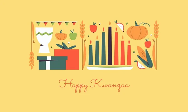 Happy Kwanzaa plantilla de banner vectorial horizontal con los símbolos de la herencia africana velas kinara, cultivos, maíz, copa de unidad y regalos de vacaciones. Celebración anual de la cultura afroamericana — Vector de stock
