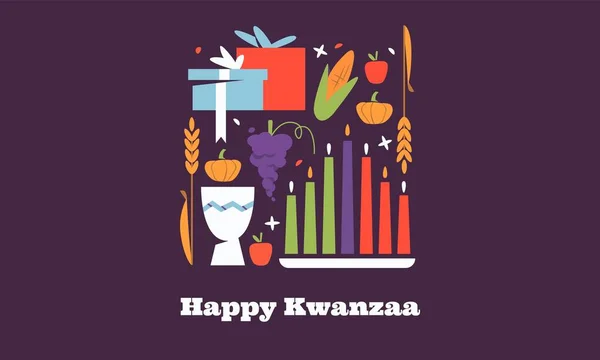 Happy Kwanzaa horizontale vector banner sjabloon met de symbolen van African Heritage - kinara kaarsen, gewassen, maïs, eenheid cup en vakantie geschenken op paarse achtergrond. — Stockvector