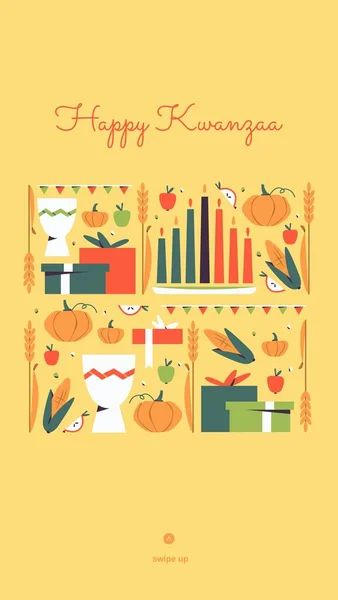 Happy Kwanzaa vertical vector social media story template with the symbols of African Heritage - kinara worlds, grounds, corn, unity cup and presents. Щорічне святкування афроамериканської культури. — стоковий вектор