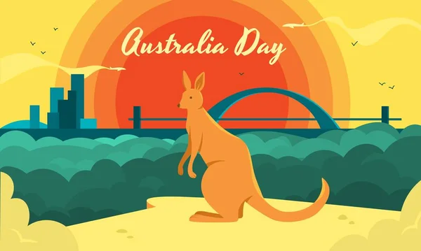 Dia da Austrália ilustração horizontal com um canguru como um símbolo do país e bela paisagem urbana. Aniversário Dia como feriado nacional australiano para elogiar a soberania. — Vetor de Stock