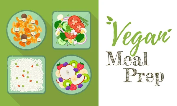 Vegan meal prep horizontal banner template with fruits, vegetables, nuts and garnish on plates. Healthy and tasty food. Modern lifestyles. Saving money and time — Stock Vector