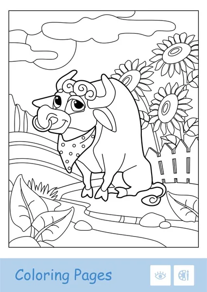 Dibujo para colorear con toro pastando cerca del patio. — Vector de stock
