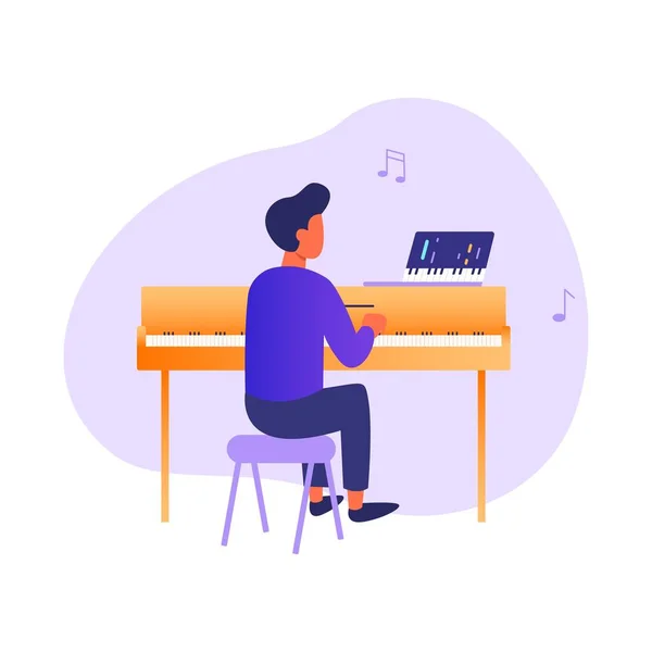 Man tanulás online, hogyan kell zongorázni. — Stock Vector