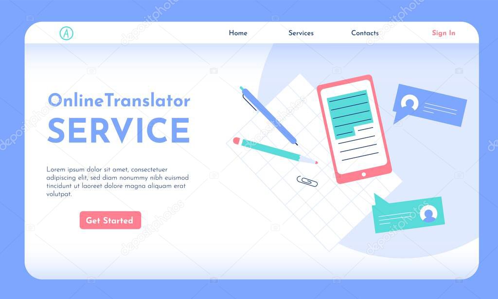 Online translator service first screen. Working place during learning. Learning languages online with the best apps.