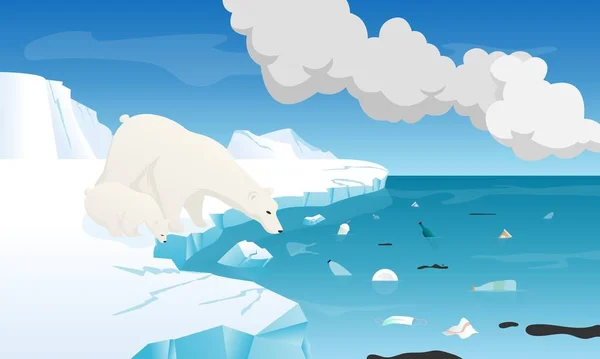 北極海の汚染された水を見ているホッキョクグマと気候緊急イラスト 環境問題 気候変動に対する抗議活動で使われる言葉としての気候緊急事態 — ストックベクタ