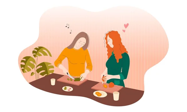 Woman Touched Singing Her Beloved While Cooking Together Lgbt Sexual — Stock Vector