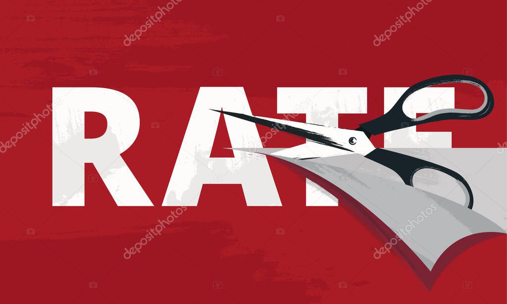 Rate cut vector illustration with a scissors cutting tax, hourly, interest rates as the metaphor of a costs reduce. Favorable lending terms. Business and finance. Economics and markets.