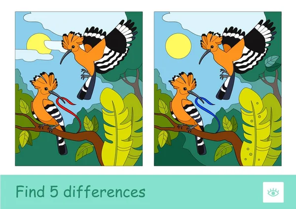 Trouvez Cinq Différences Jeu Quiz Enfants Avec Image Deux Huppes — Image vectorielle