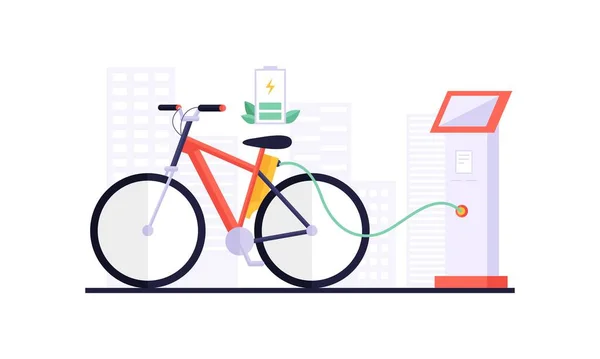 Φόρτιση Ηλεκτρικό Ποδήλατο Και Touchpad Εμφανίζει Πληροφορίες Φόρτισης Περιβαλλοντικά Συνειδητή — Διανυσματικό Αρχείο